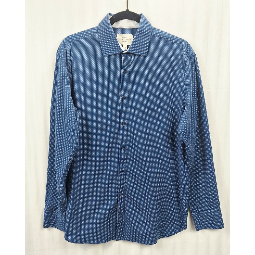 Construct Mens Slim Fit Stretch Dress Shirt Blue‎ Micro Dot Long Sleeve Large L